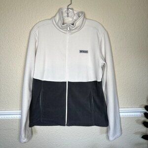 Columbia Womens L Full Zip Fleece Jacket Gray & Ivory Two Tone High Neck Pockets